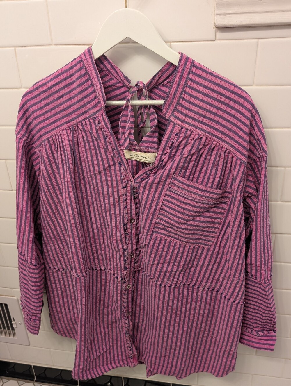 We the Free People Purple Stripes Tunic Shirt with Pockets Large